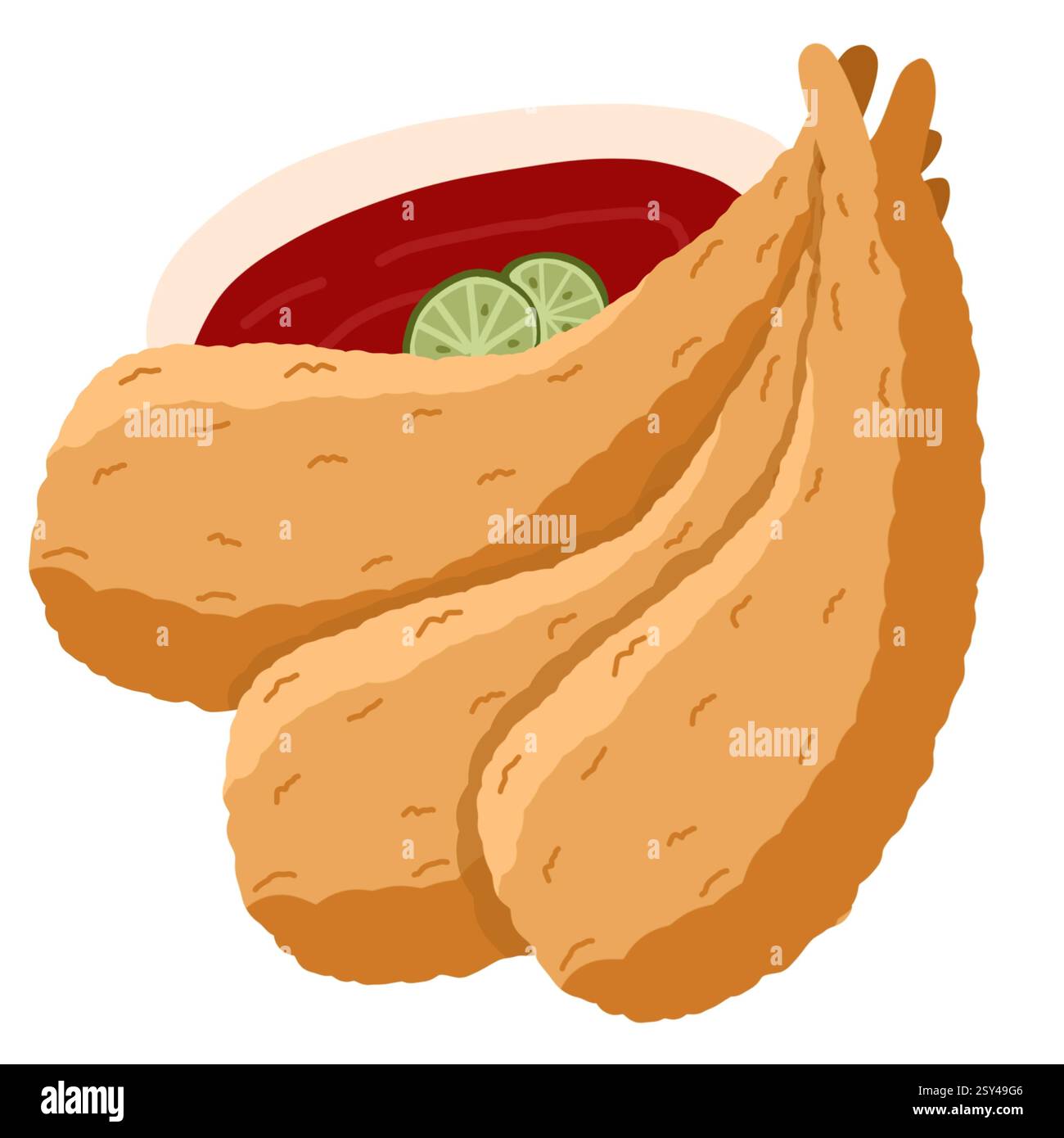 Illustration de crevettes croustillantes frites avec un côté de sauce trempette et citron vert. Idéal pour les conceptions de restaurants de fruits de mer, l'image de marque de restauration rapide et culinaire Banque D'Images