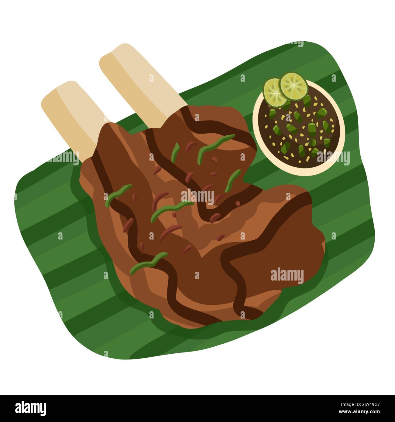 Illustration de côtes de bœuf grillées indonésiennes (iga bakar) servies sur des feuilles de banane avec sambal de sauce soja et tranches de citron vert. Banque D'Images