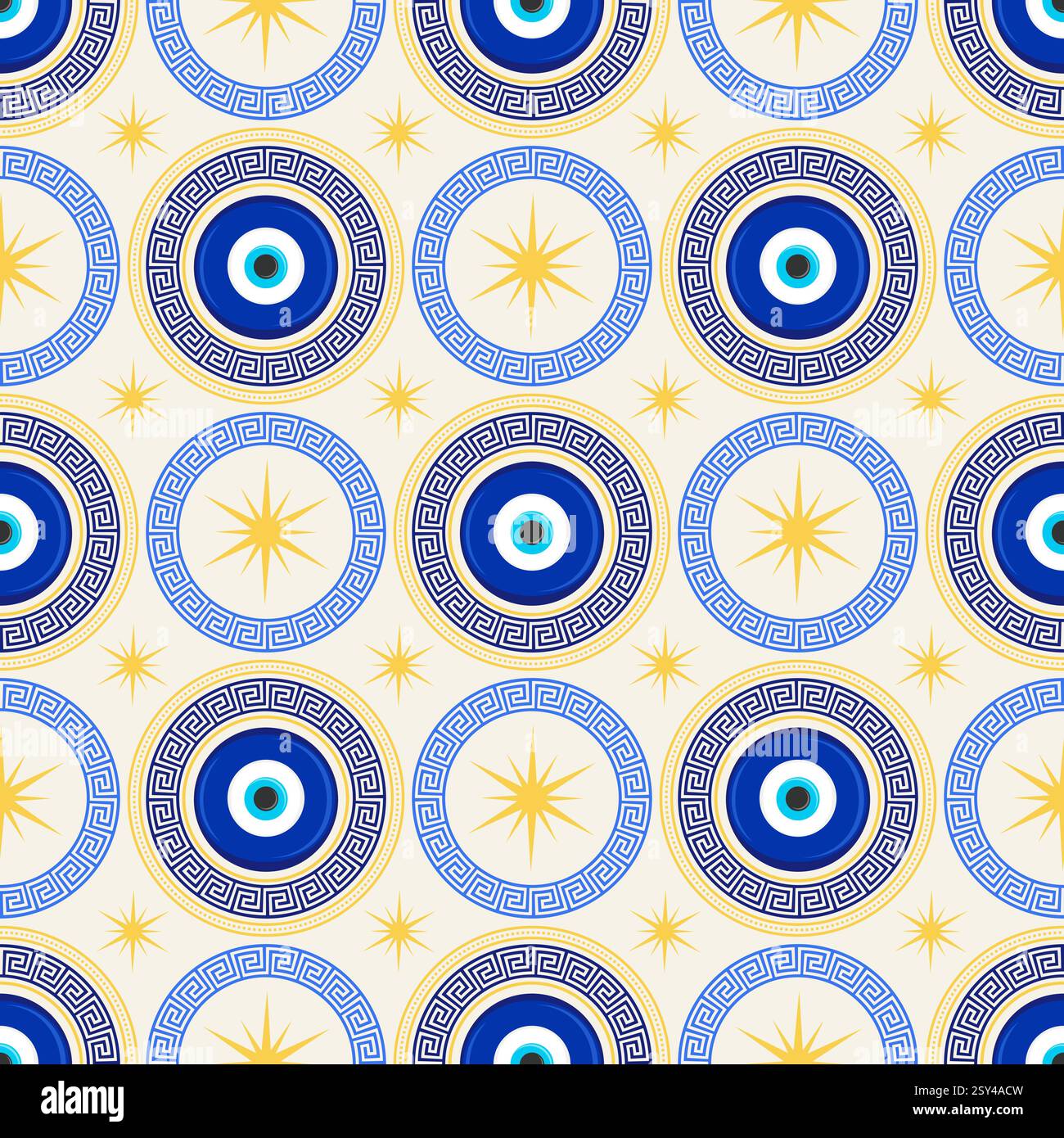 Motif mauvais oeil sans couture. Perle bleue turque avec méandre. Fond magique de vecteur grec avec le symbole ethnique nazar de protection et de chance. Traditionnel Illustration de Vecteur
