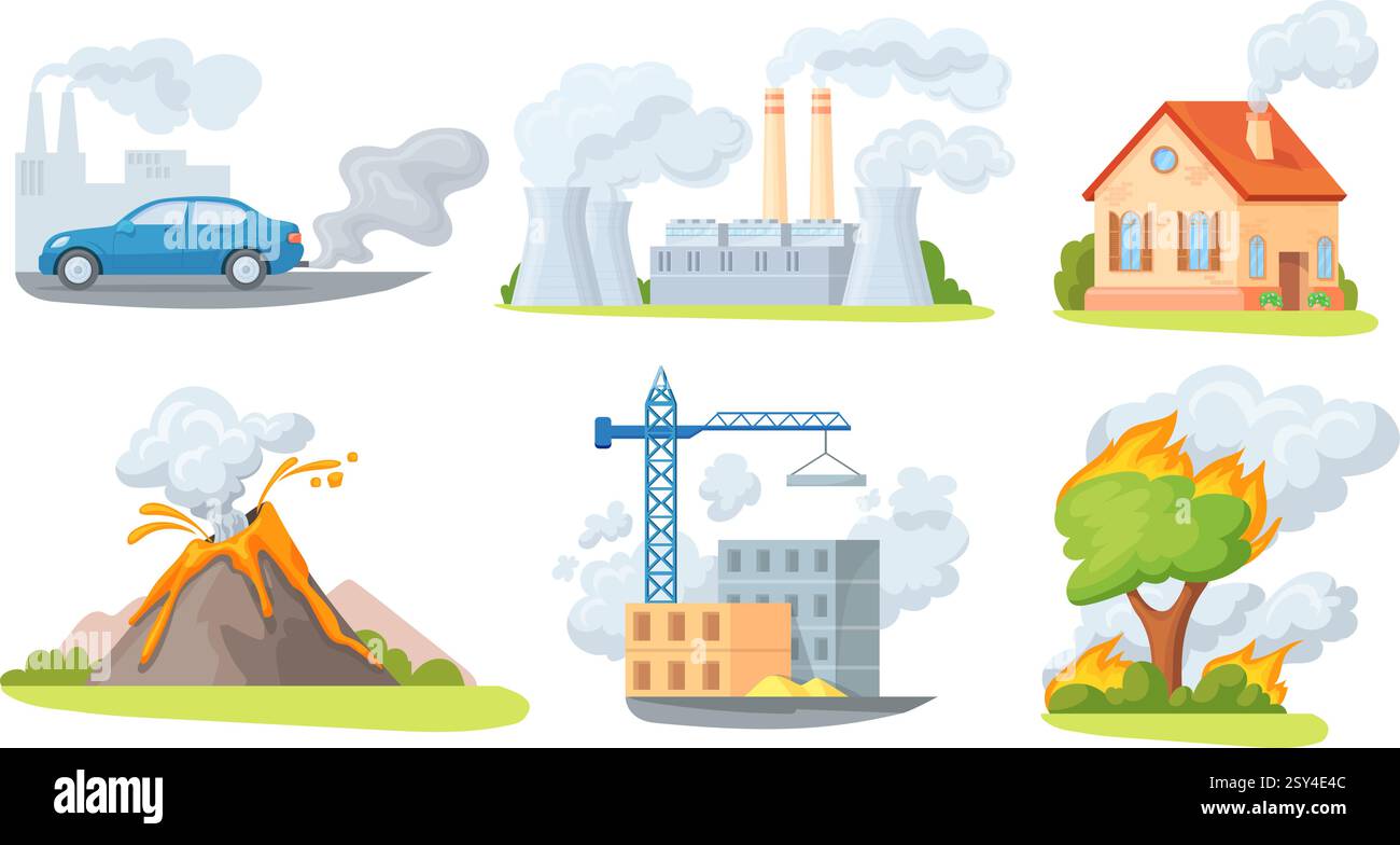 Sources de pollution atmosphérique. Émissions de dioxyde de carbone, PM 2. 5 smog poussière écologie sale industrie production de gaz de voiture construction de ville polluer l'environnement propre illustration vectorielle illustration originale Illustration de Vecteur