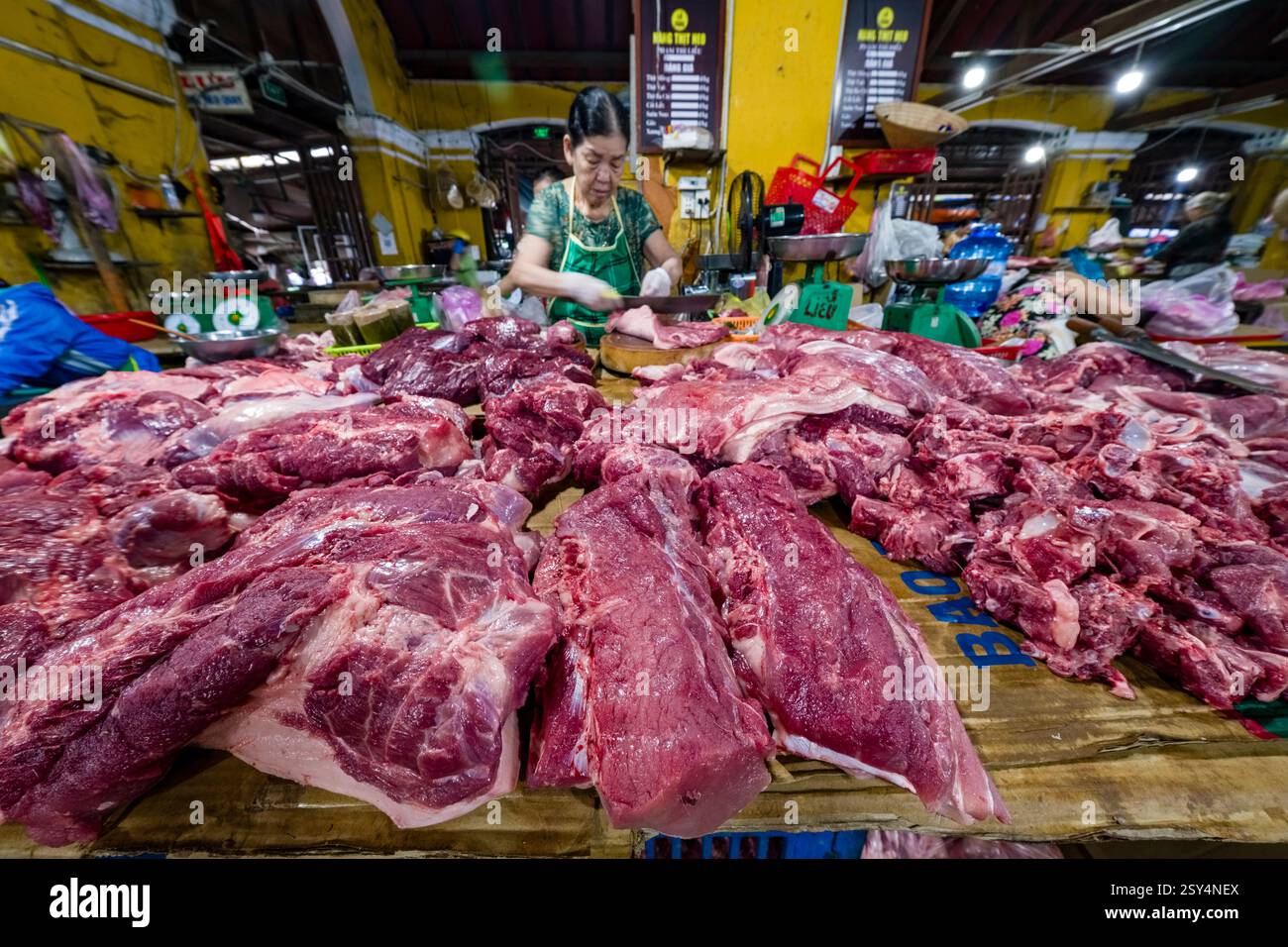 Une femme vendant de la viande crue fraîche au marché central de Hoi an, Chợ Hội an. Banque D'Images