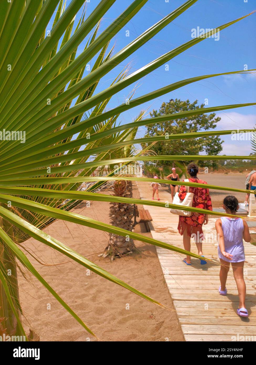 Les gens marchant le long de la passerelle en bois vers la plage. Banque D'Images