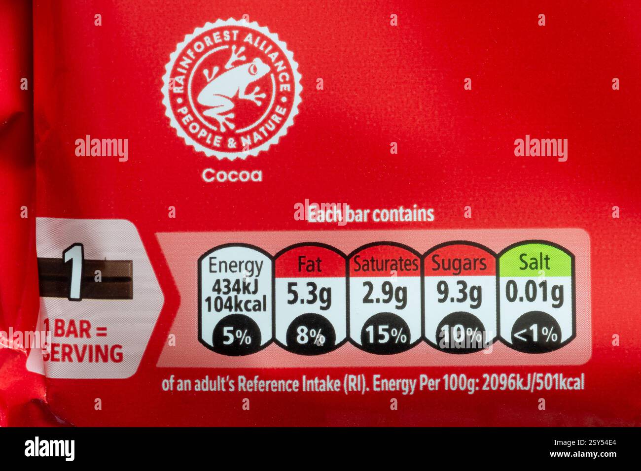 Informations nutritionnelles, système d'étiquetage des feux de signalisation, sur paquet de kit kats, barres de chocolat. Gâterie malsaine avec une teneur élevée en gras et en sucre Banque D'Images