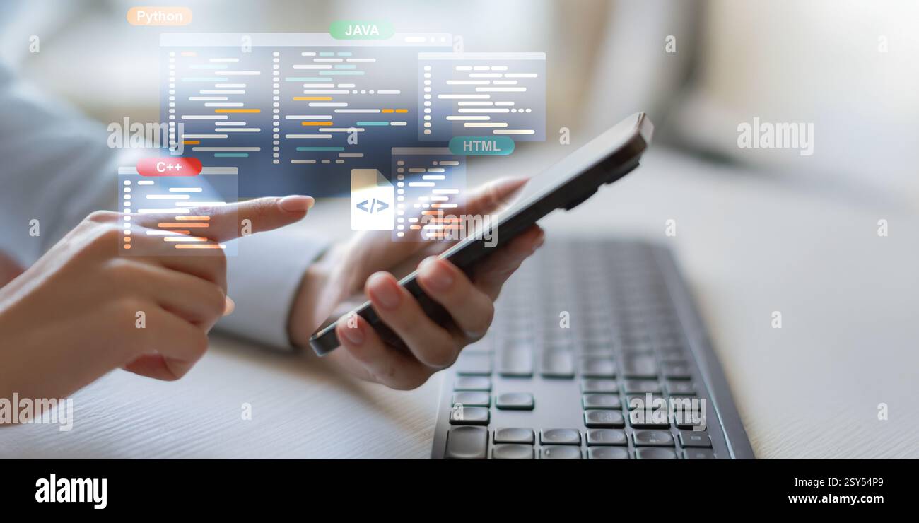 Langages de développement et de programmation logiciels affichés sur une interface de codage virtuelle. Banque D'Images
