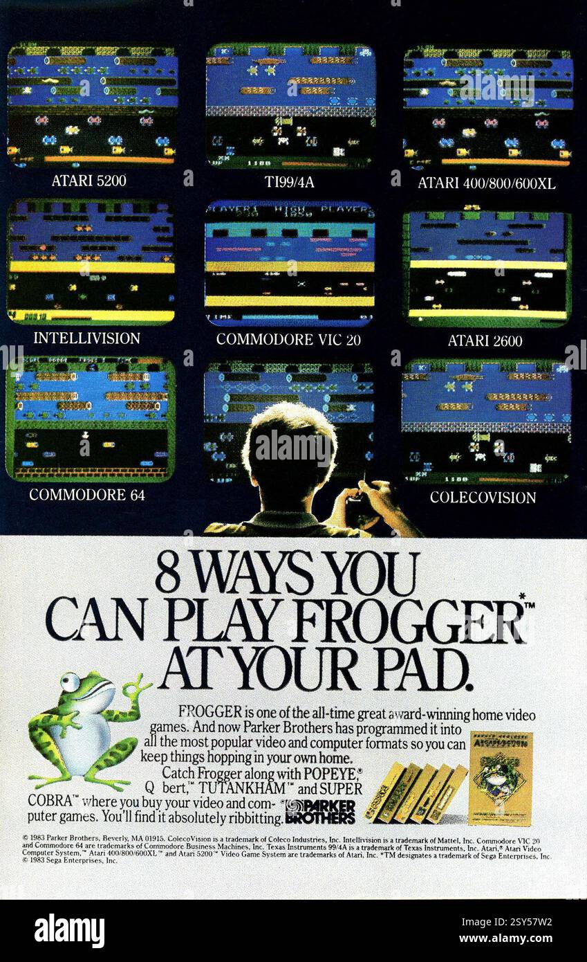 1984 annonce pour le jeu vidéo Frogger par Parker Brothers Banque D'Images