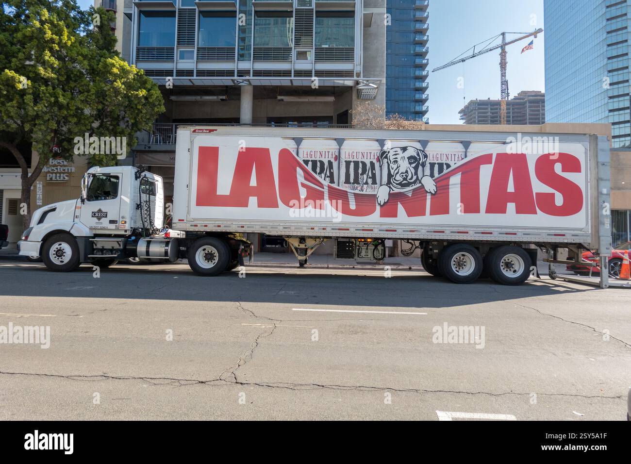 Lagunitas IPA Beer semi-camion et véhicule de livraison de remorque à San Diego avec Terrier Mascot Advertising Sign Banque D'Images Lagunitas IPA Beer semi-camion et véhicule de livraison de remorque à San Diego avec Terrier Mascot Advertising Sign Banque D'Images