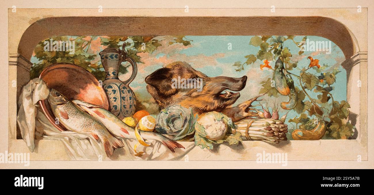 Stilleben (nature morte) aquarelle panoramique par le professeur d'art viennois Georg Sturm de Decorative Vorbilder VII, 1897 Banque D'Images