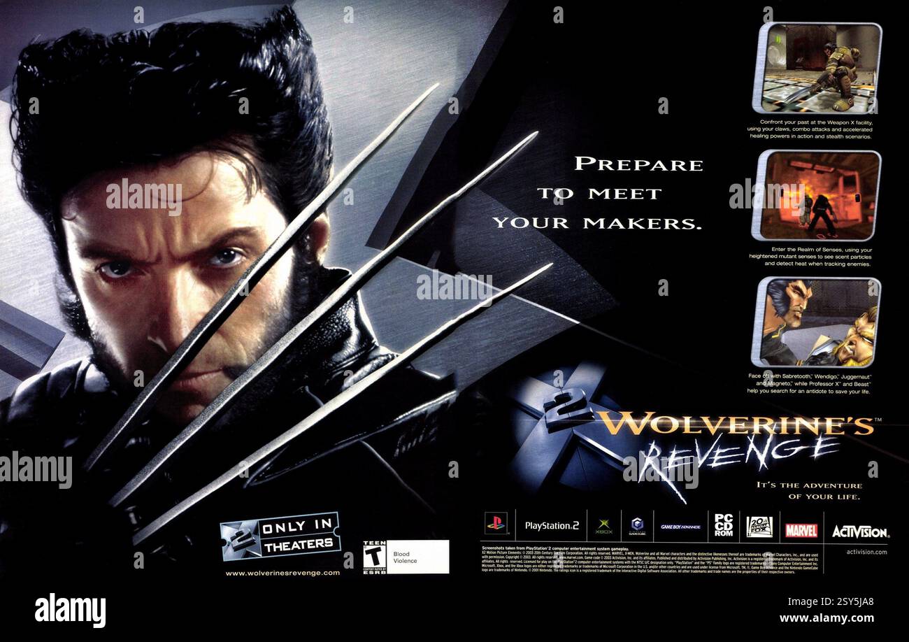 2002 X2 : Wolverine's Revenge (X-Men 2 : Wolverine's Revenge en Europe et en Australie). Jeu vidéo basé sur le personnage de Marvel Comics Wolverine, un membre de l'équipe mutante X-Men, par GenePool : édité par Activision pour PlayStation 2, GameCube et Xbox Banque D'Images