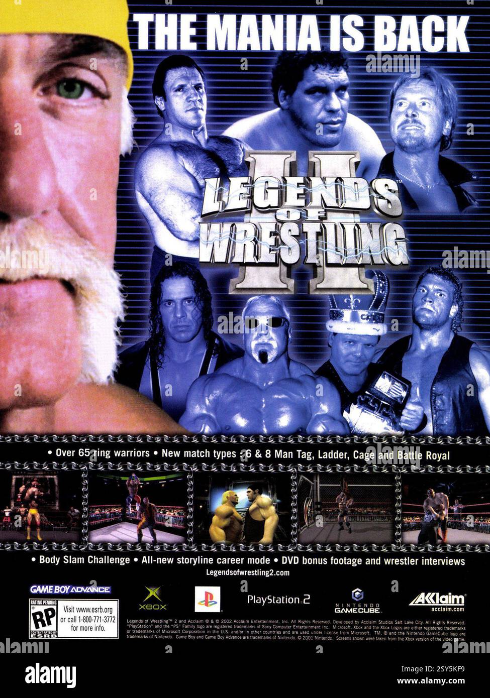 2002 Legends of Wrestling II jeu vidéo par Acclaim, affiche mettant en vedette Hulk Hogan, Bruno Sammartino, André le géant, Rowdy Roddy Piper, Sid Vicious, Scott Steiner, Bret 'Hitman' Hart, et Jerry 'le Roi' Lawler Banque D'Images