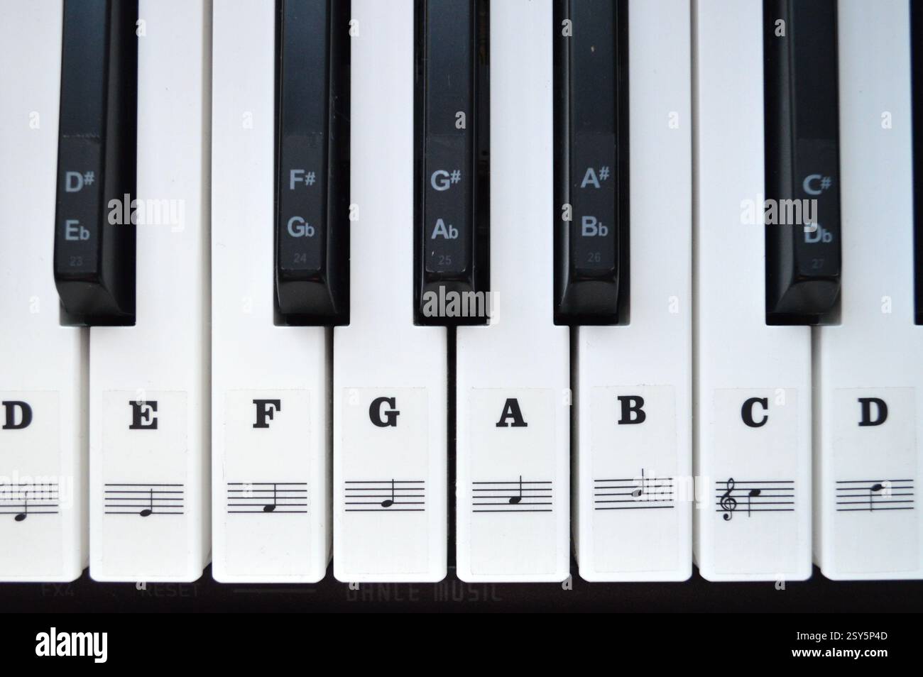 Gros plan d'un clavier avec des noms de note et notation musicale sur les touches, adapté aux débutants apprenant à jouer de la musique. Banque D'Images