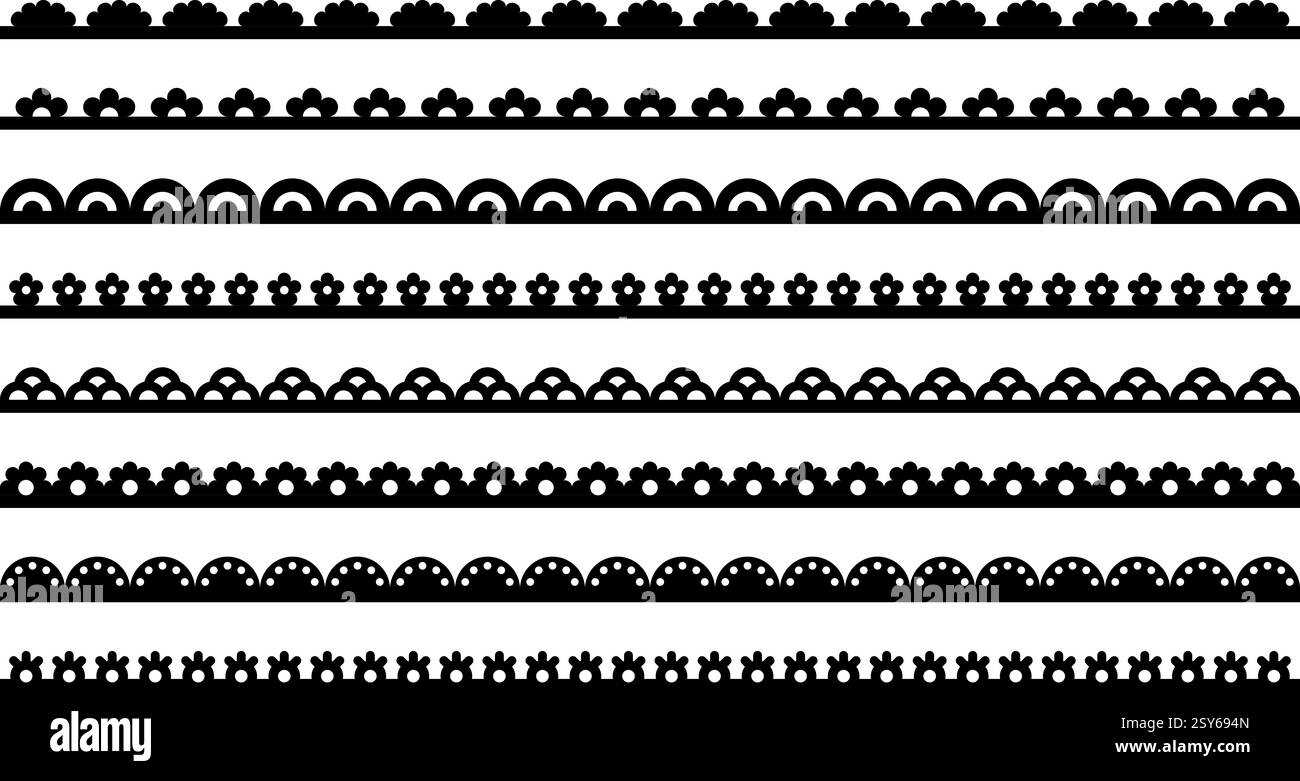 Dentelle festonnée. Bordure de cadre avec motif. Ruban avec ornement sur tissu. Ensemble d'illustrations vectorielles avec des rayures isolées sur fond blanc. Illustration de Vecteur Dentelle festonnée. Bordure de cadre avec motif. Ruban avec ornement sur tissu. Ensemble d'illustrations vectorielles avec des rayures isolées sur fond blanc. Illustration de Vecteur