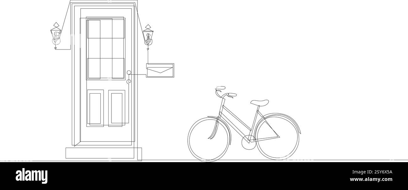 Porte d'entrée avec une bicyclette appuyée contre la maison continue d'une ligne illustration. Dessin simple ligne de porte vitrée avec deux lanternes et ma Illustration de Vecteur