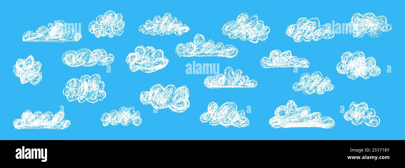 Ensemble de nuages de crayons abstraits. Dessin animé dessiné à la main ciel nuageux. Illustration vectorielle de la collection de tourbillons blancs sur fond bleu. Imitation d'un enfant Illustration de Vecteur