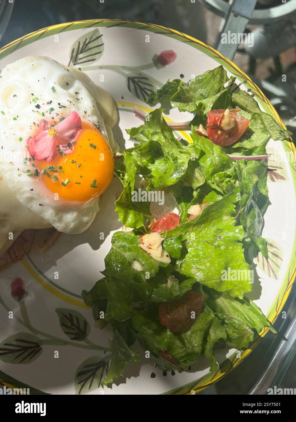Un œuf magnifiquement plaqué côté ensoleillé avec une salade verte fraîche et des tomates - Image de stock capturée avec un smartphone