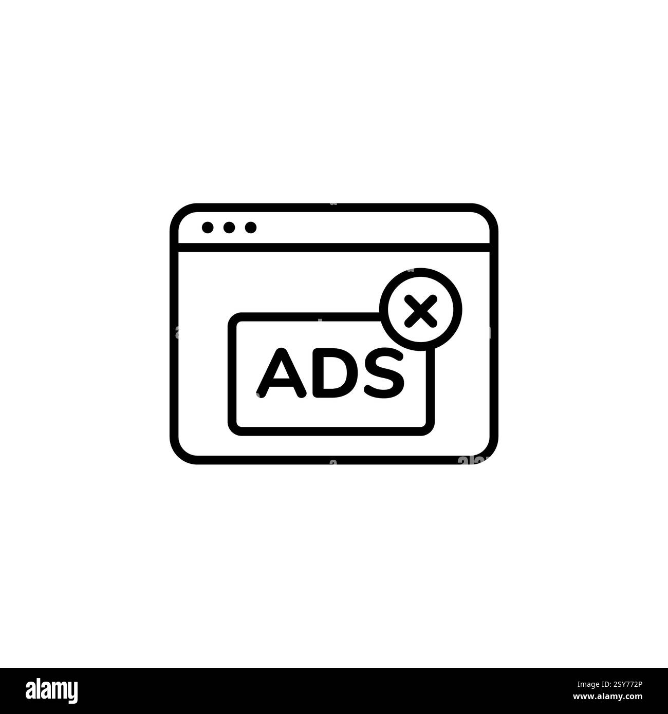 Icône de blocage de publicité montrant la page Web avec un grand cercle croisé sur les annonces de mot en ligne noire simple Banque D'Images