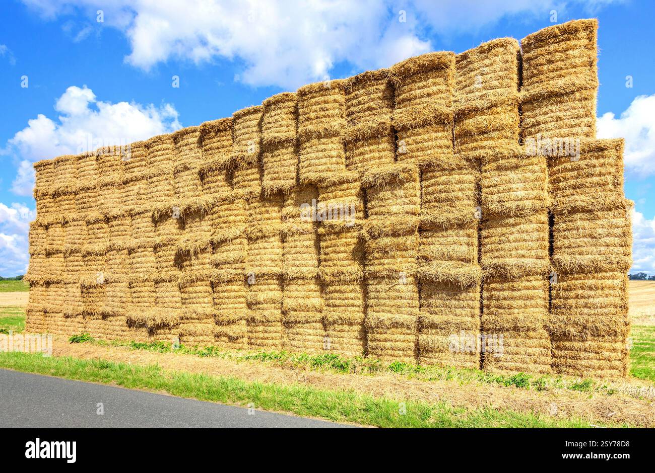 Grande pile de balles de paille sur les terres agricoles - Martizay, Indre (36), France. Banque D'Images