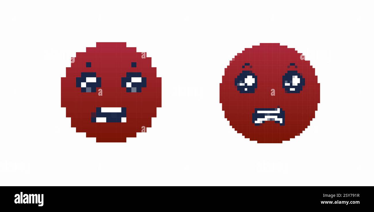 Expressions numérisées de deux visages pixel art avec des émotions variées dans des tons rouges simples Illustration de Vecteur
