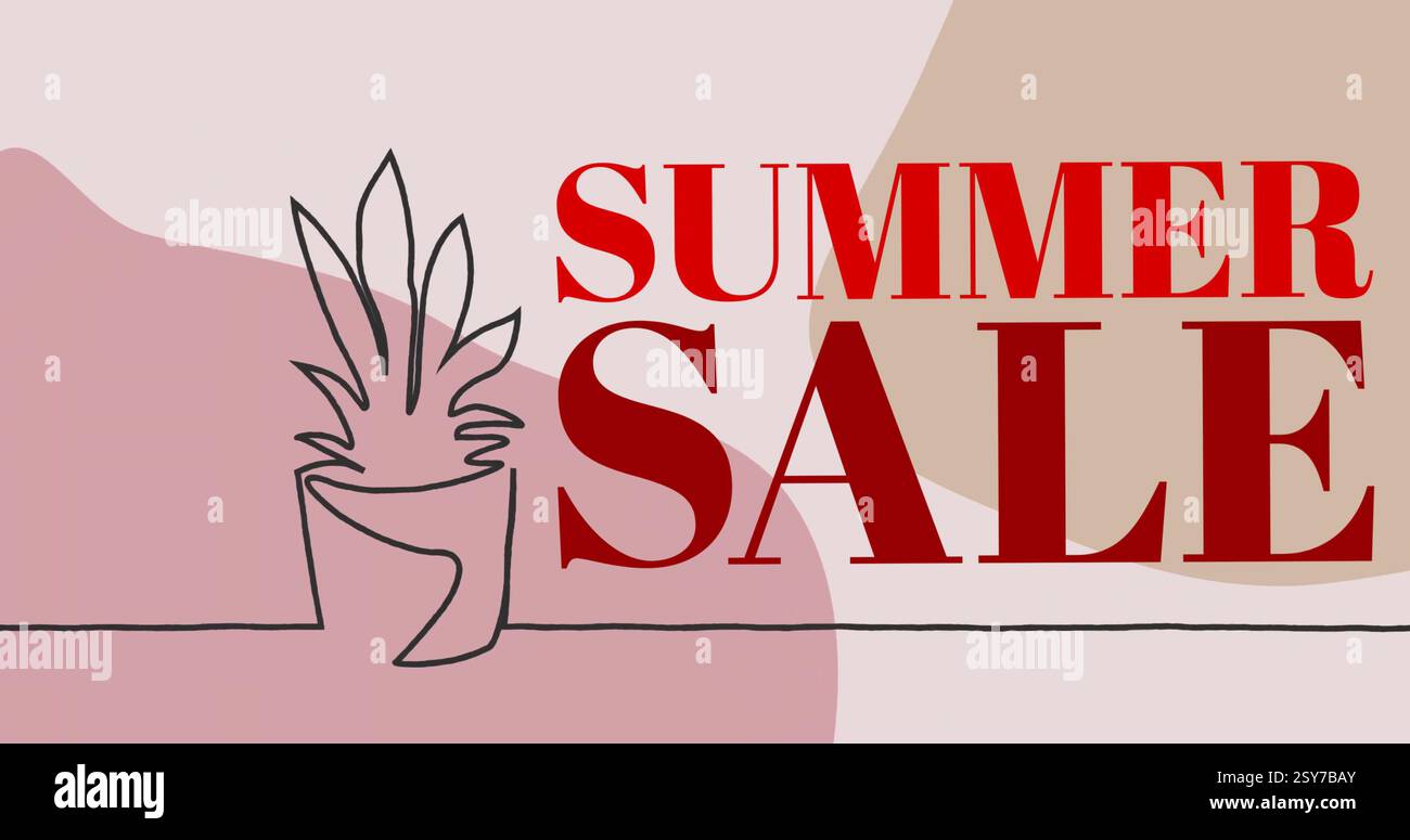 Image de texte de vente d'été sur dessin de plante abstrait et formes pastel Banque D'Images