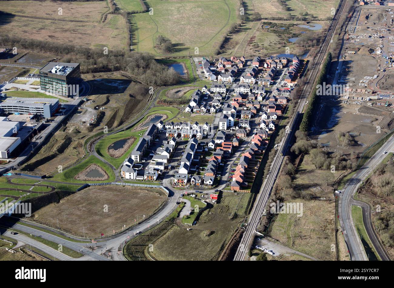 Vue aérienne de la nouvelle résidence Barrington Way à Thorpe Park, Austhorpe, East Leeds, West Yorkshire Banque D'Images