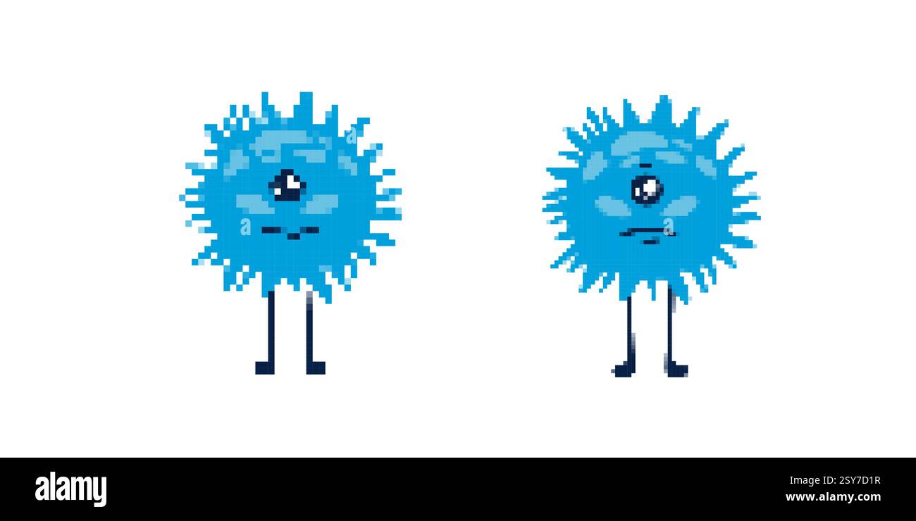 Mignons monstres pixel bleu avec un seul œil et cheveux pointus fait face à trois expressions originales Illustration de Vecteur