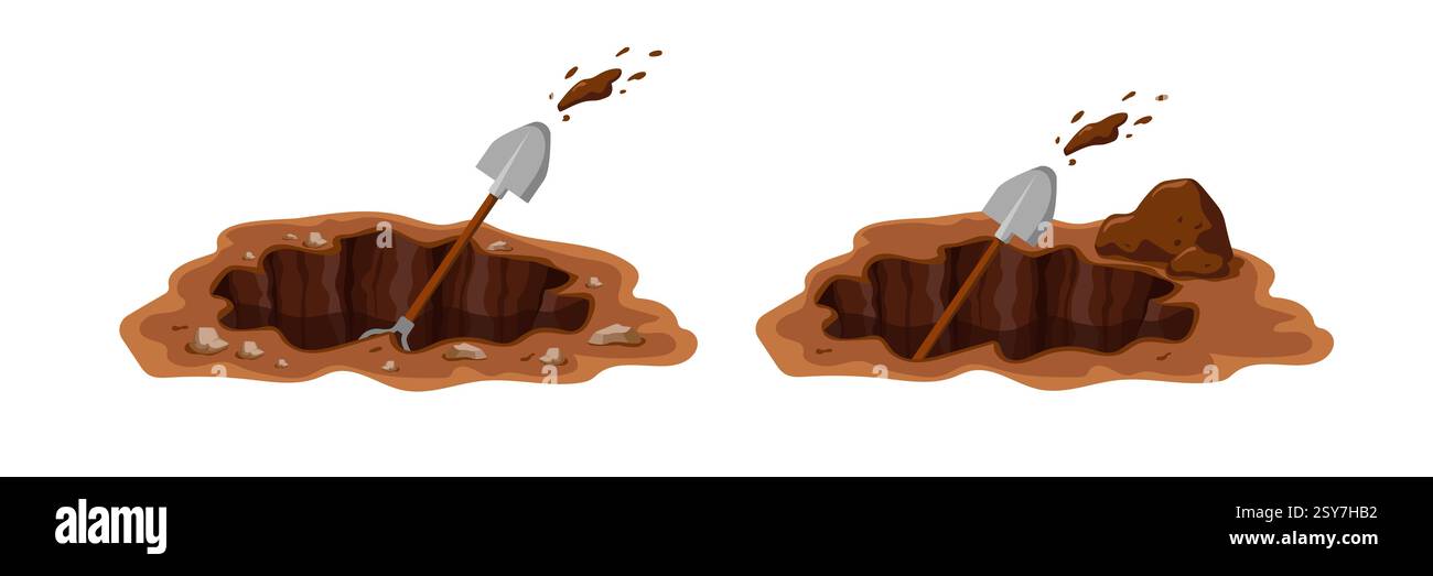 Deux pelles coincées dans la terre avec des roches autour de grands trous pour les travaux de creusement et d'excavation Illustration de Vecteur