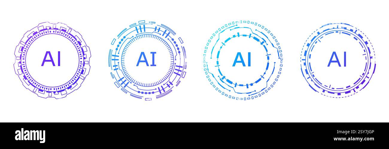 Logo IA circulaire avec des éléments cybernétiques bleus pour les conceptions technologiques. Illustration de Vecteur