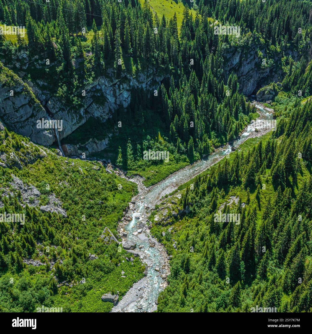 Une vue plongeante sur la gorge sauvage et romantique de Lech entre Lech et Warth Banque D'Images