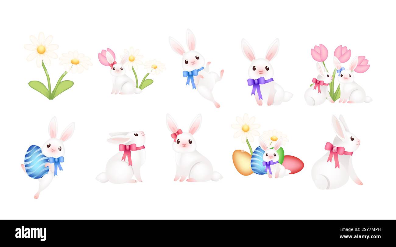 Collection de lapins dans le style de Pâques, oeufs peints, fleurs et rubans. Conception d'animaux de dessin animé mignon, réaliste. Illustration vectorielle isolée Illustration de Vecteur