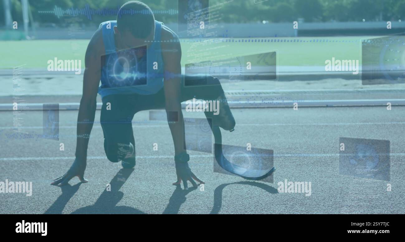 Athlète avec une jambe prothétique se préparant à courir, image de données numériques sur la piste Banque D'Images