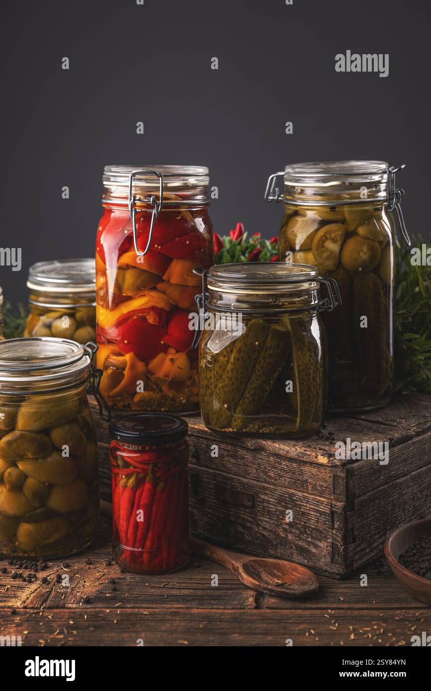 Pots de concombres marinés, poivrons, tomates et piments, présentant un assortiment coloré et savoureux de légumes conservés Banque D'Images