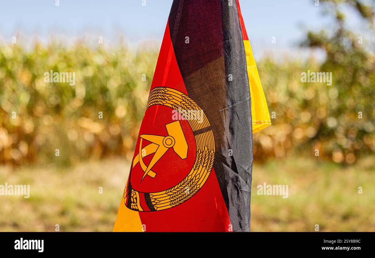 Hüntwangen, Suisse, 24 août 2024 : le drapeau de la République démocratique allemande avec un marteau, une boussole et une couronne de blé en noir, rouge et or. Banque D'Images