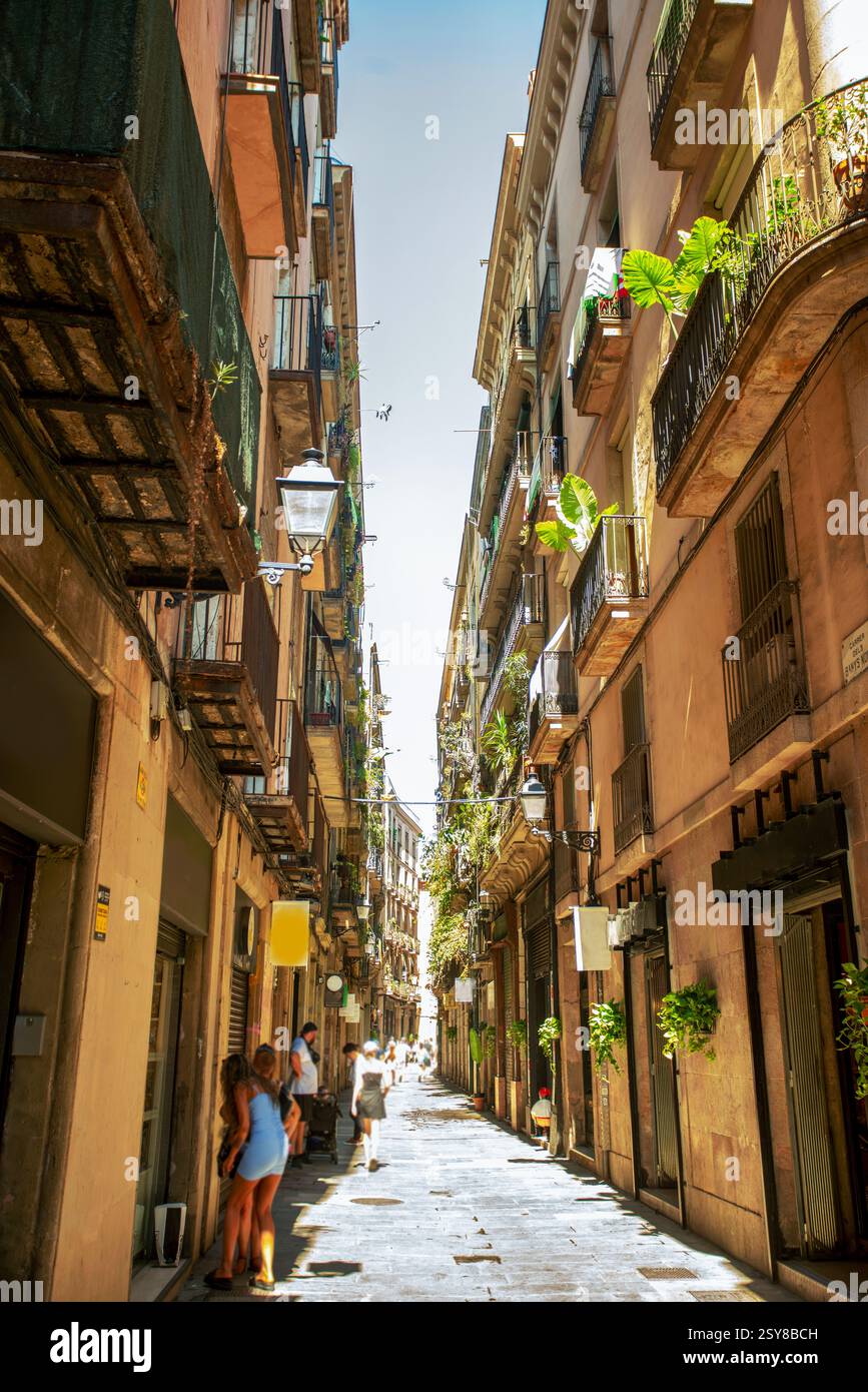 Rue Sunyy à Barcelone. Beaucoup de superbes plantes vertes ob balcons. Jeune femme en robe courte Banque D'Images