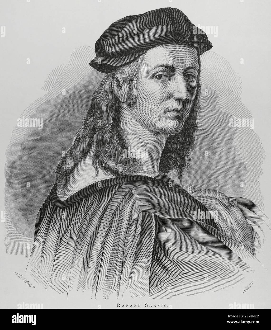 Raphaël (1483-1520) Artiste de la Renaissance italienne. Portrait. Gravure de Marcelo París. La Ilustración Española y Americana (illustration espagnole et américaine), 1883. Banque D'Images