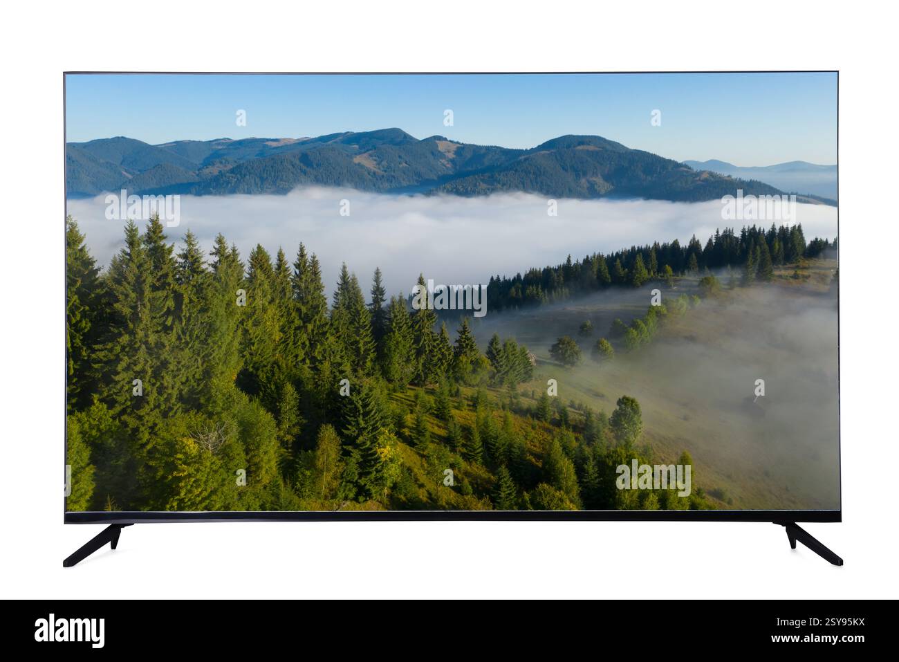Téléviseur avec paysage de montagne sur écran isolé sur blanc Banque D'Images