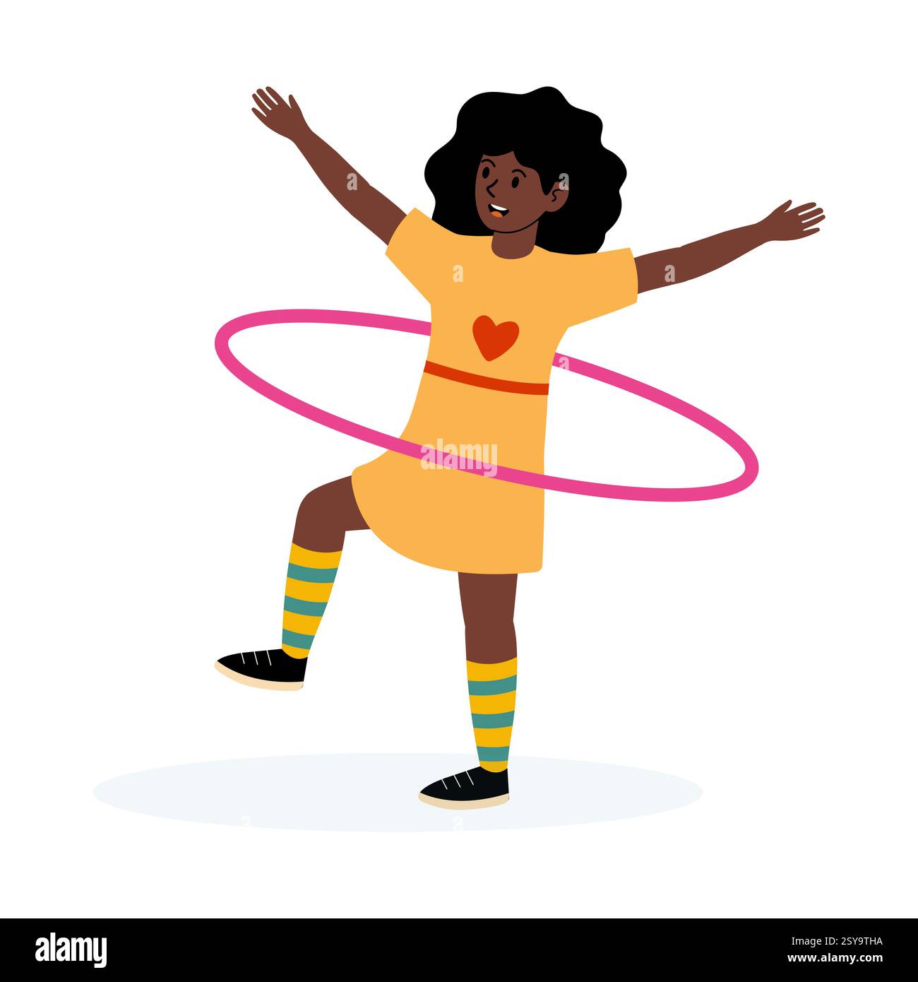 Joyeuse fille hula hooping dans une tenue colorée au cours d'un après-midi ensoleillé Illustration de Vecteur