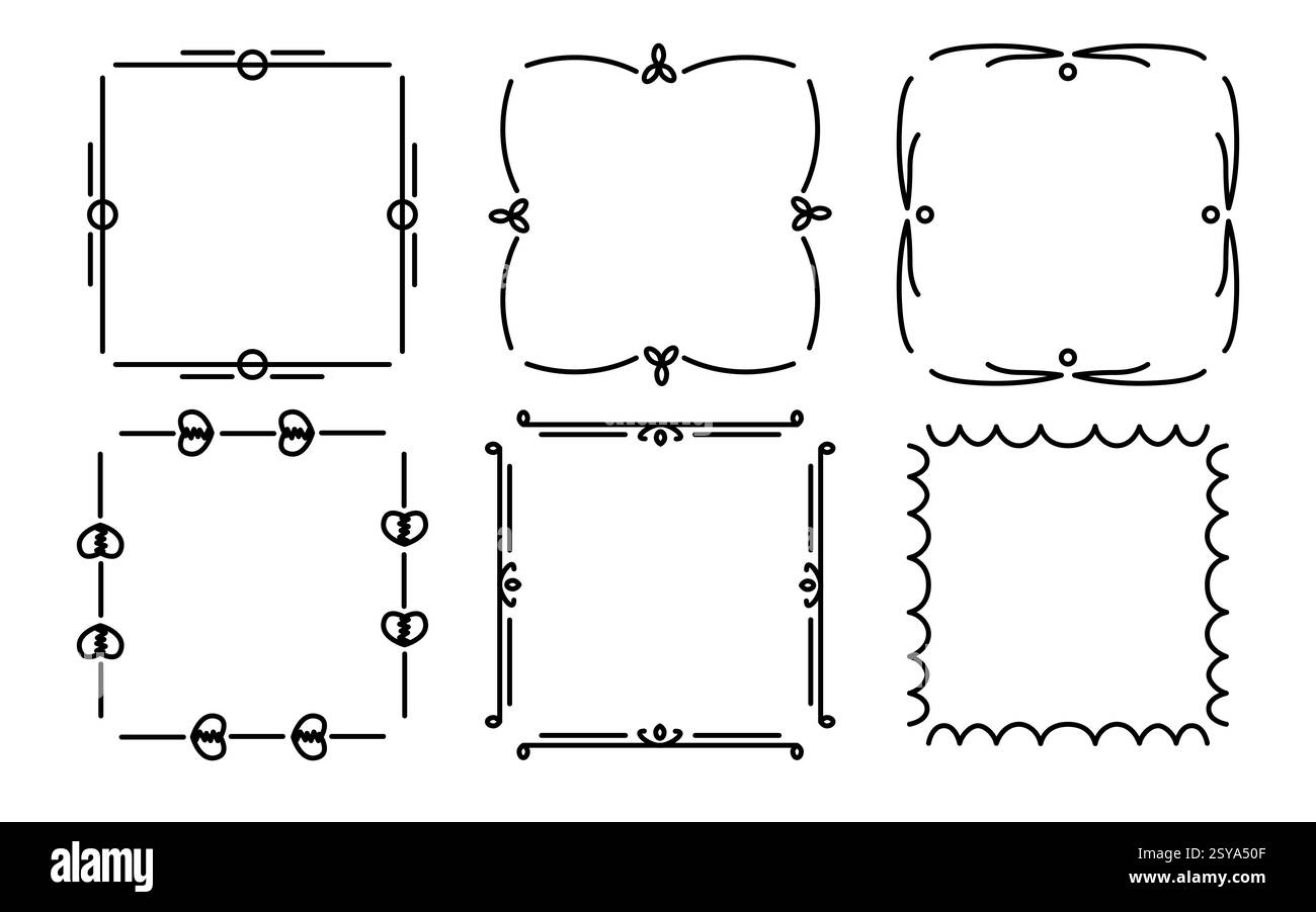 Un ensemble de six séparateurs créant des carrés parfaits, disposés symétriquement avec des lignes nettes et des bords nets pour un look minimaliste et moderne. Idéal pour les projets design ou géométriques Illustration de Vecteur