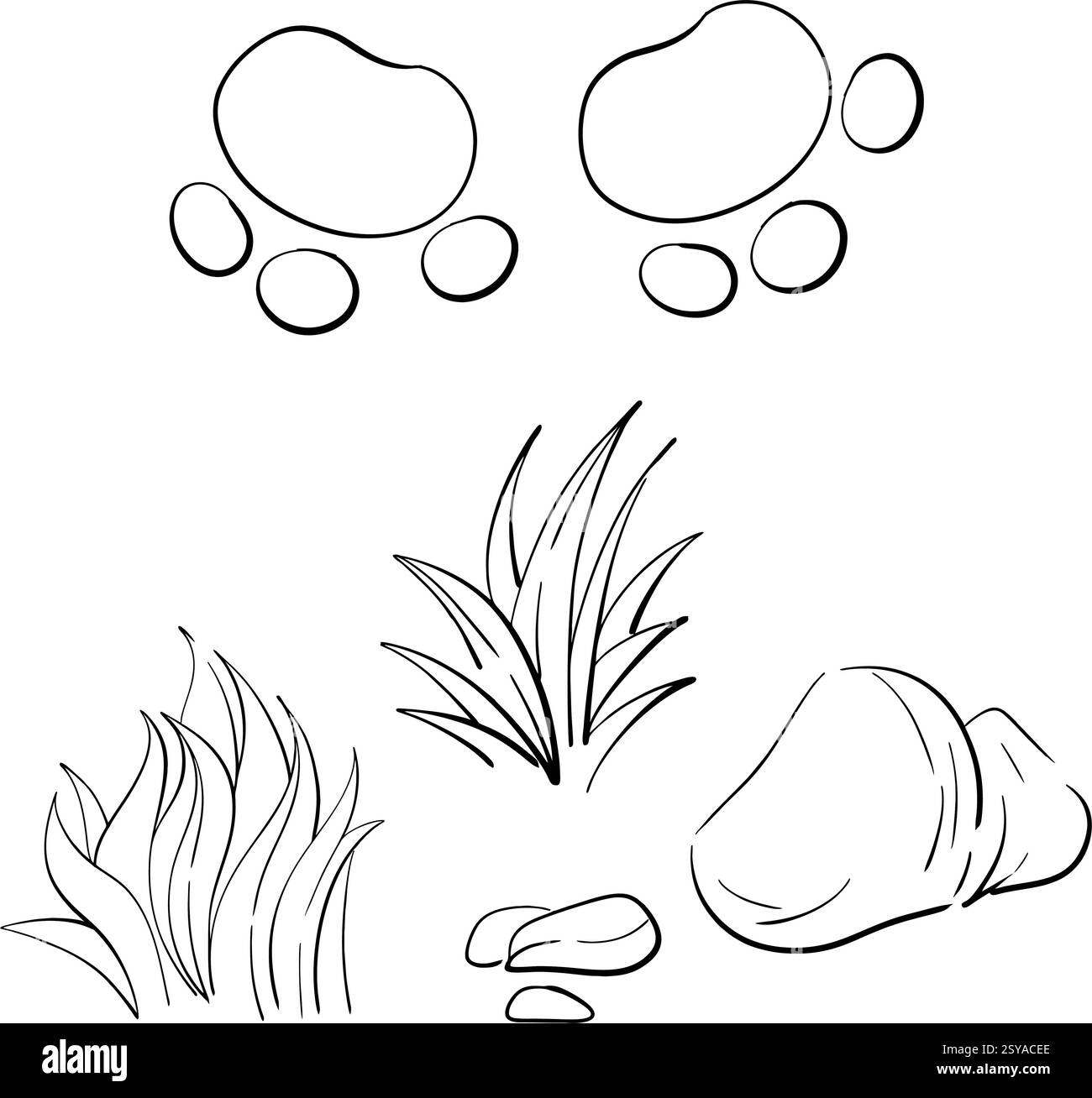 Herbe vectorielle, roches, pistes de dinosaures. Kit Jurassic, clip réglable Illustration pour la conception, compositions. Silhouette noire pour circuit Illustration de Vecteur