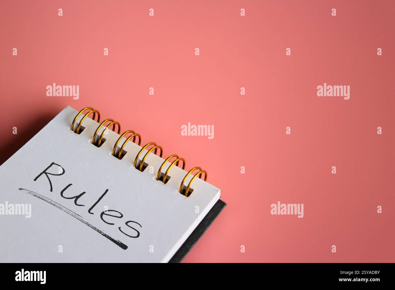 Bloc-notes avec le mot manuscrit « Rules » sur fond rose vif. Règles, règlements, principes directeurs. Banque D'Images