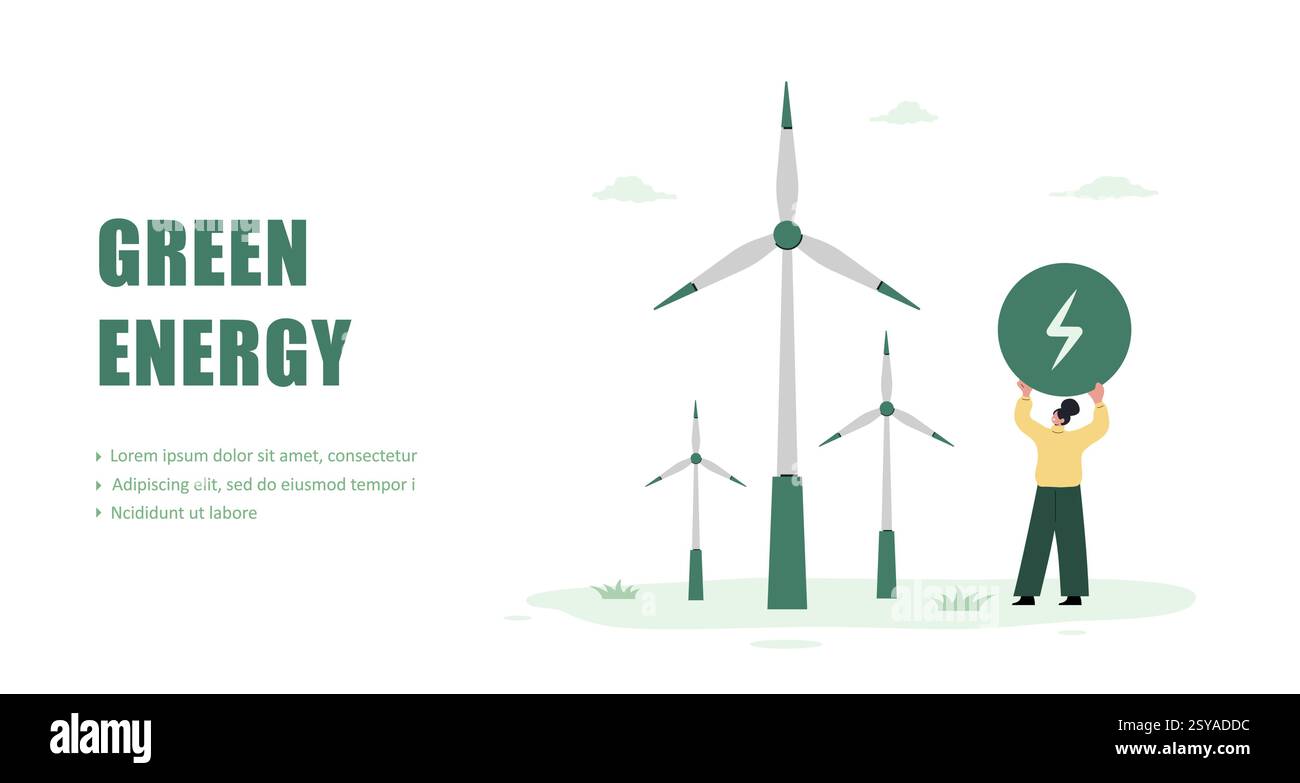Concept d'énergie verte. CO2 neutre. Générateurs d'électricité éolienne. Centrale électrique ECO. Énergies renouvelables, écologie, énergies alternatives. Illustration vectorielle Illustration de Vecteur