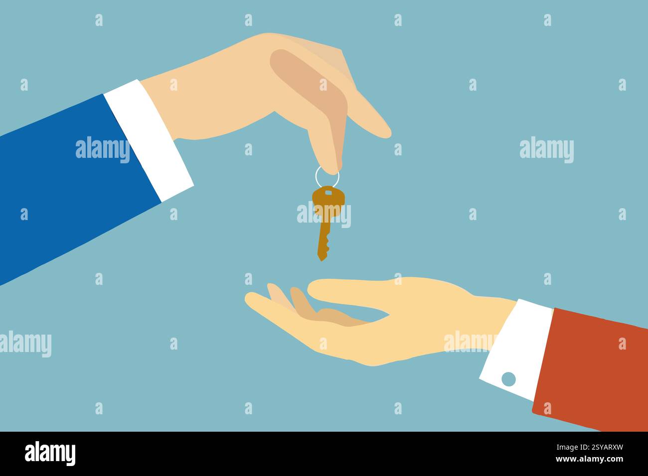 Une main dans un costume bleu passe une clé à une autre main dans un costume rouge, symbolisant la transition de la propriété et l'excitation de nouveaux opportuni Banque D'Images