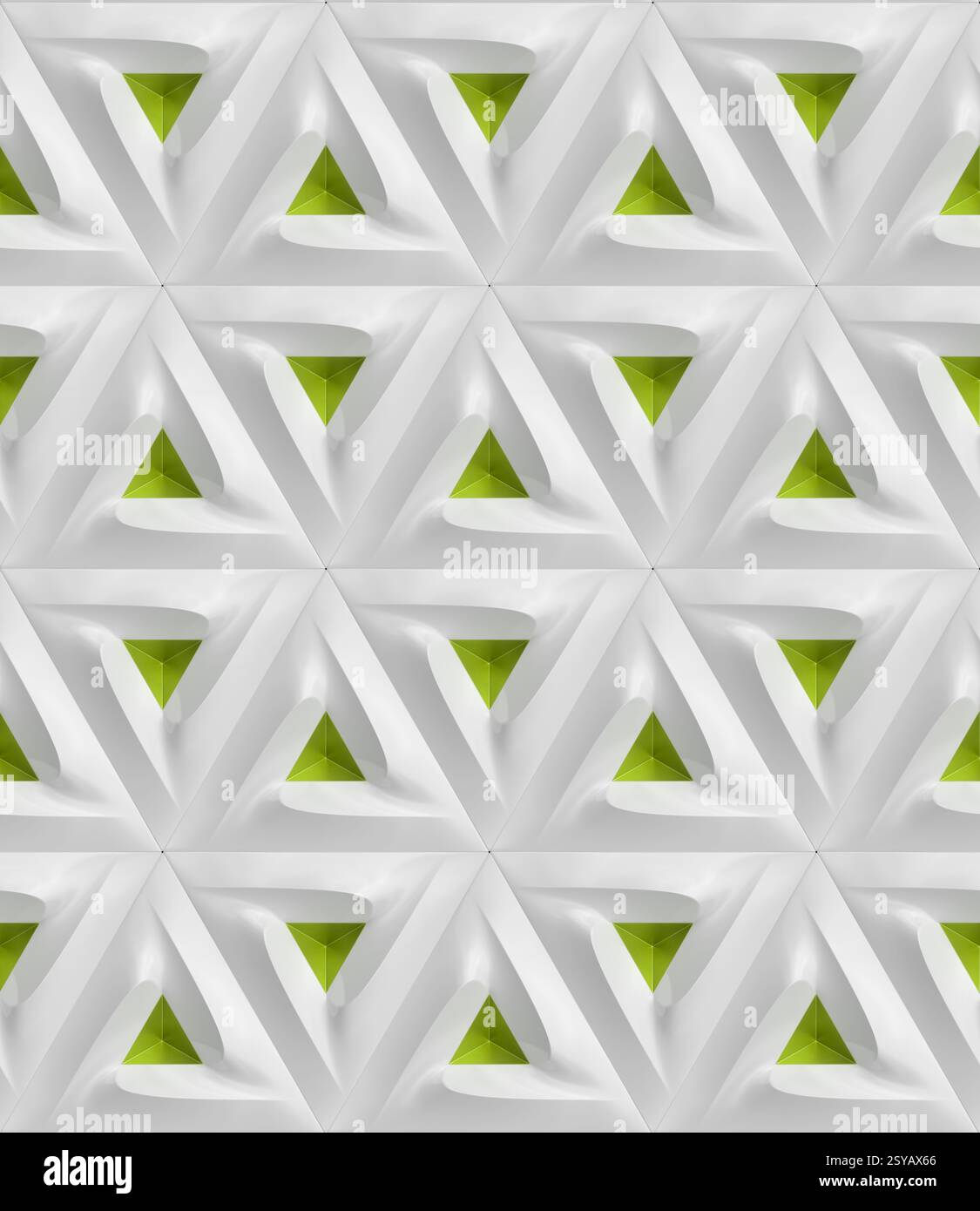 Motif géométrique abstrait 3D avec des formes triangulaires vertes et blanches répétitives. Le design crée un papier peint moderne et dynamique, parfait pour c Banque D'Images