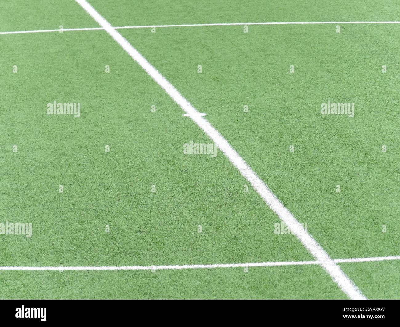 Gros plan d'un terrain de football vert éclatant avec une ligne blanche nette marquant le cercle central. Le gazon frais et les lignes épurées soulignent la texture du champ Banque D'Images