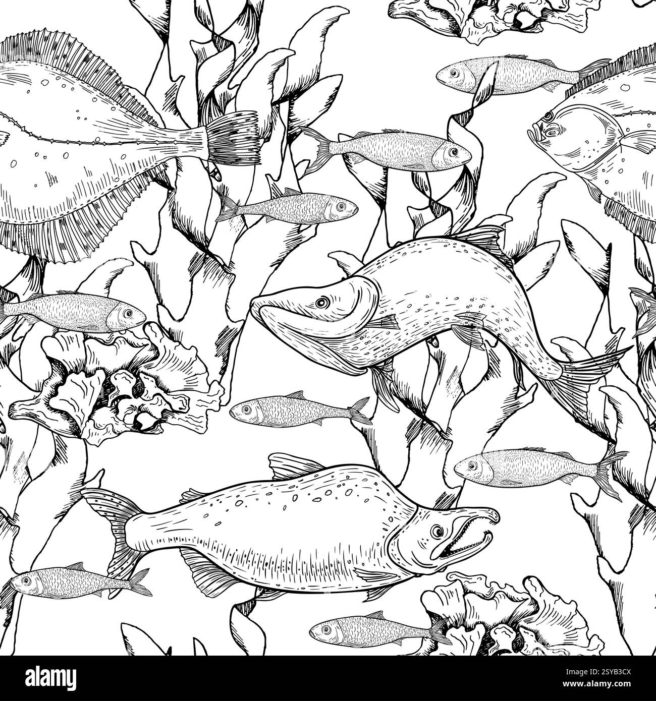 Modèle vectoriel sans couture sous-marin avec poissons sockeye, récifs coralliens et algues. Ocean Life noir blanc texture répétée dessinée à la main. Marine monochrome Illustration de Vecteur