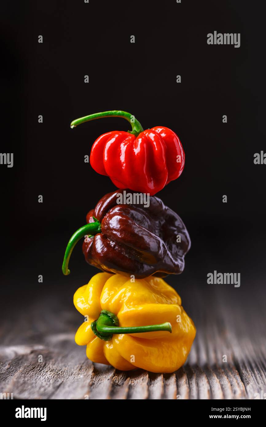 Tour de poivrons habanero multicolores (capsicum chinense) sur fond noir. Poivrons mexicains très chauds sur la table en bois rustique de près Banque D'Images