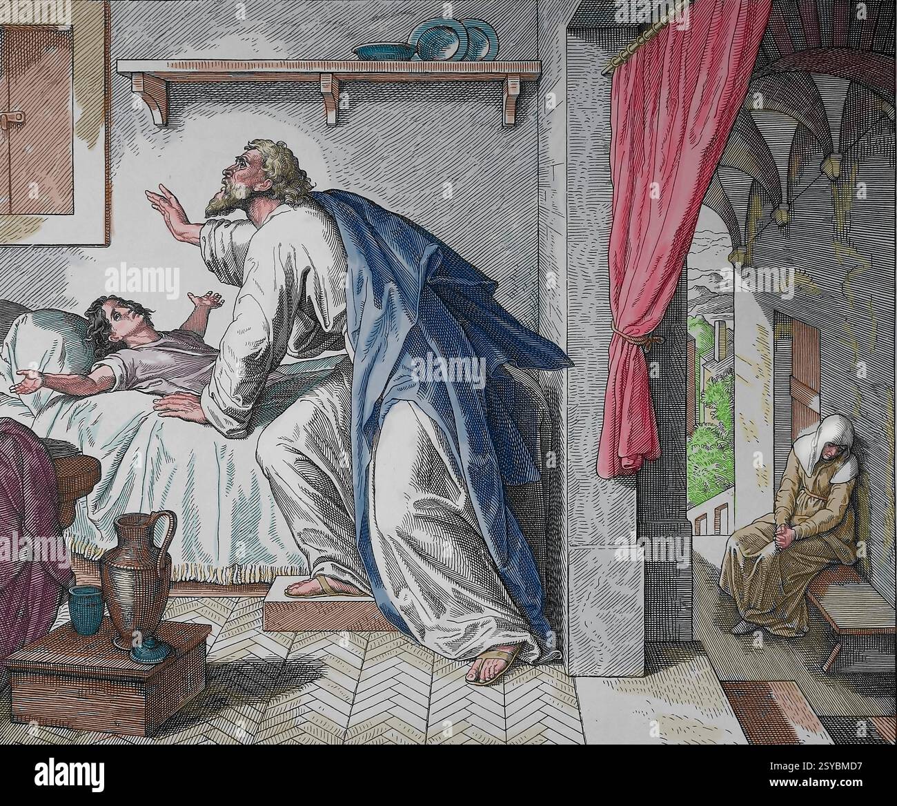 Ancien Testament. Elijah élève le fils de la veuve. Illustration par J. Schnorr von Carolsfeld. 'The Picture Bible', 1852-60. Banque D'Images