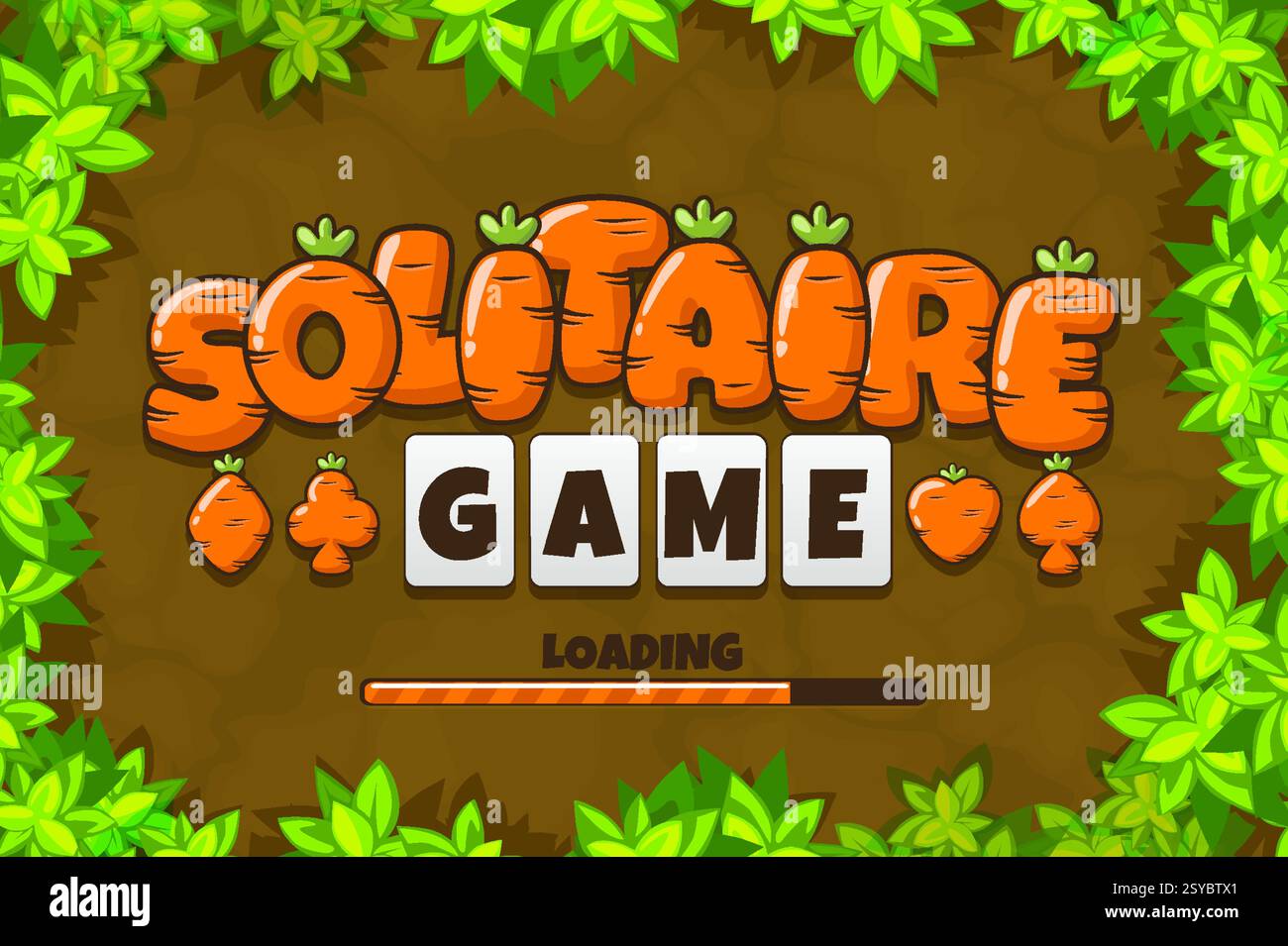 Solitaire écran de chargement dans la texture de carotte sur le jeu de plateau vue de dessus - sol et feuilles. LOGO pour jeu 2D. Jeu Carrot SOLITAIRE Illustration de Vecteur