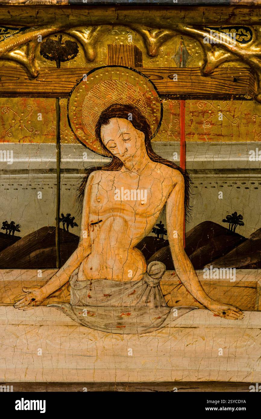 Retable de Santiago, peinture de temple sur panneau, 15ème siècle, Blasco de Grañen, église du monastère de San Pedro, 11ème-12ème siècles, Siresa, vallée de Hecho, Huesca, Espagne. Banque D'Images