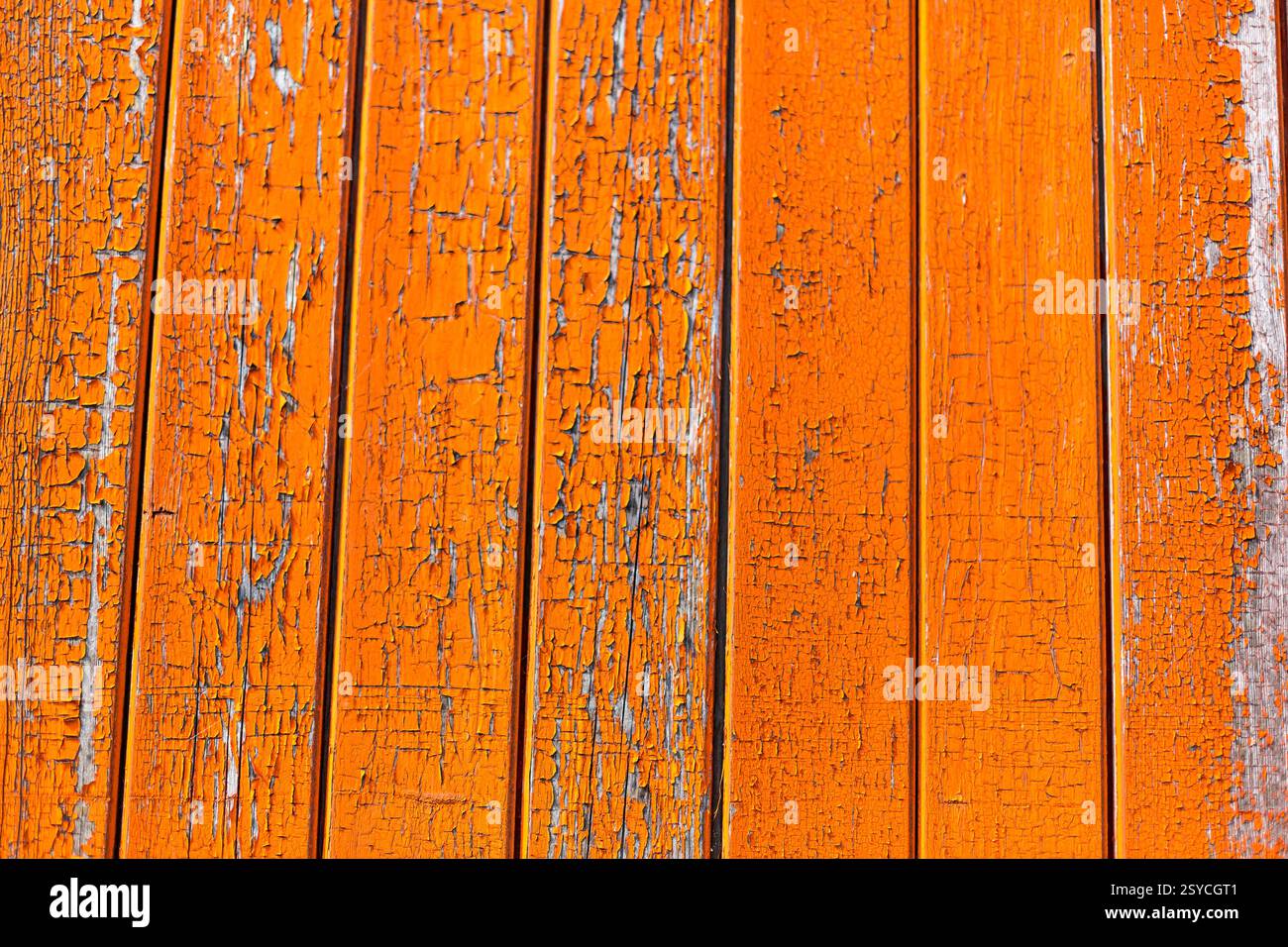 Planche en bois avec beaucoup de rayures et de peinture qui se décolle. La planche est de couleur orange Banque D'Images