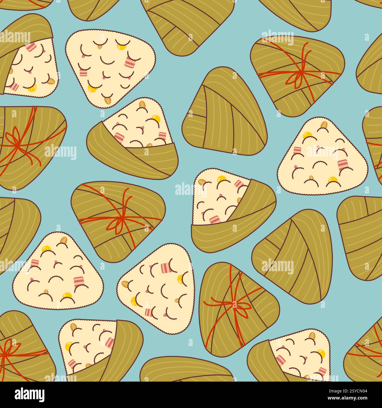 Modèle Zongzi sans couture. Plat chinois de riz avec garnitures enveloppé dans du bambou ou feuille de roseau. Illustration de Vecteur