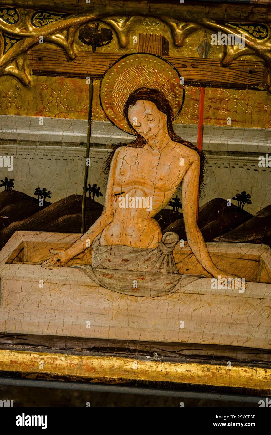 Retable de Santiago, peinture de temple sur panneau, 15ème siècle, Blasco de Grañen, église du monastère de San Pedro, 11ème-12ème siècles, Siresa, vallée de Hecho, Huesca, Espagne. Banque D'Images